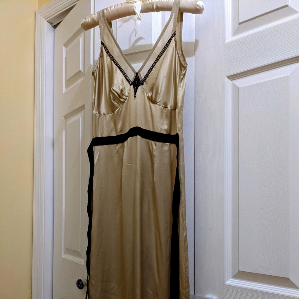 Plenty Beige Gold Silk Midi Dress, Sz 2